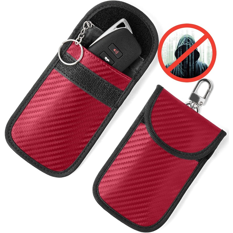 Car Key Signal Blocker - 2個入り 車のキーシグナルブロッカーケース ファラデーケージキーホルダーポーチ キーレスRFIDブロッキングバッグ 車用アクセサリー（赤）