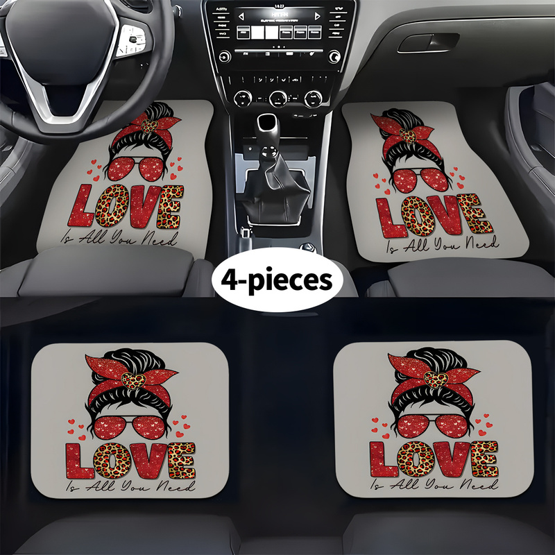 Car Accessories Bunnings - 4枚セットの車用フロアマット、メッシーバンレッドレオパードハート柄、キュートな女性向け車内アクセサリー
